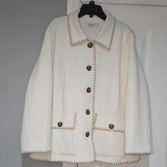 Chico's Cream Teddy Jacket with Tan Trim - Picture 1 of 6